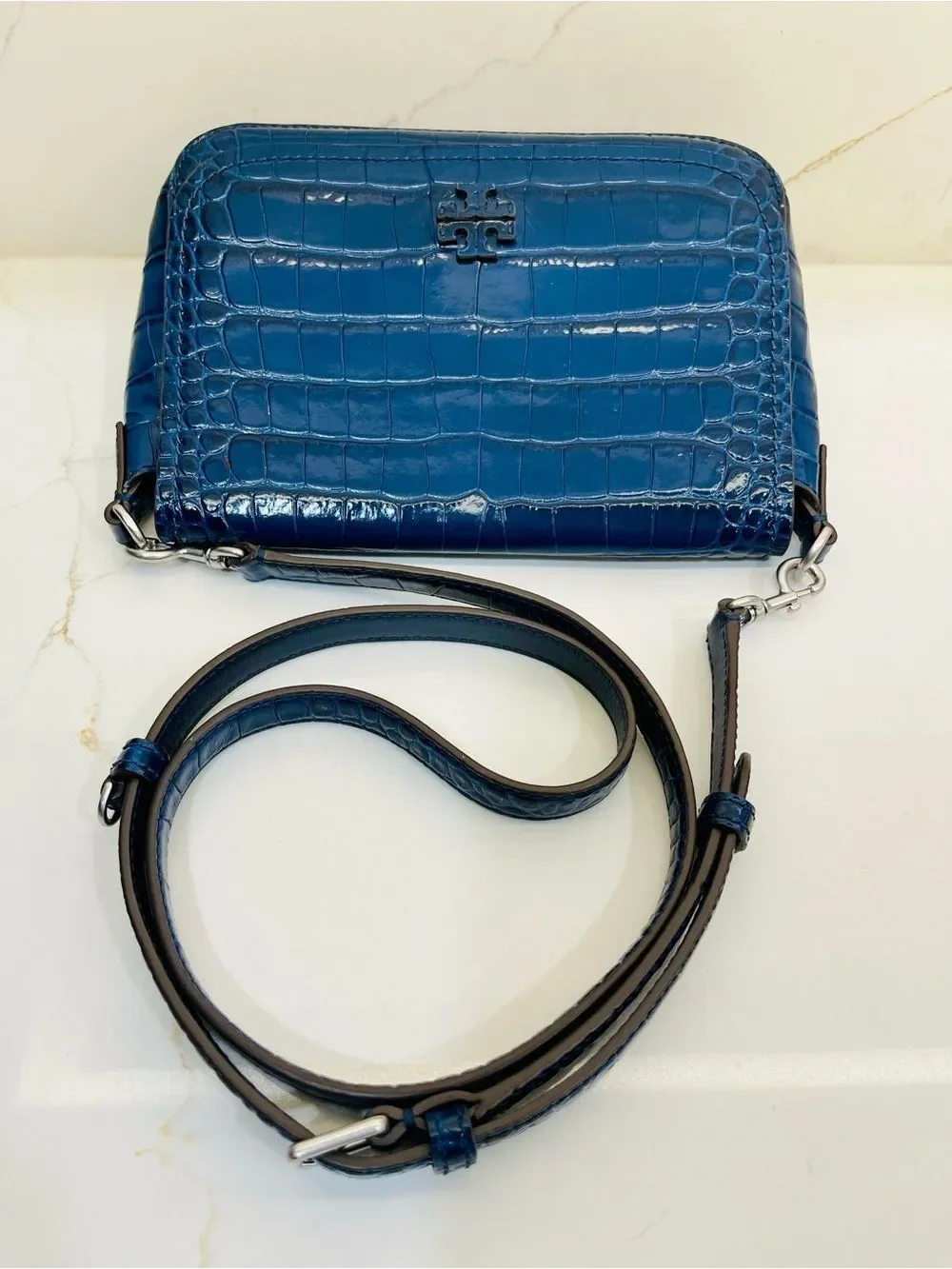 Tory Burch Thea Croc-Embossed Leather Flap Crossbody Bag Adjustable Straps